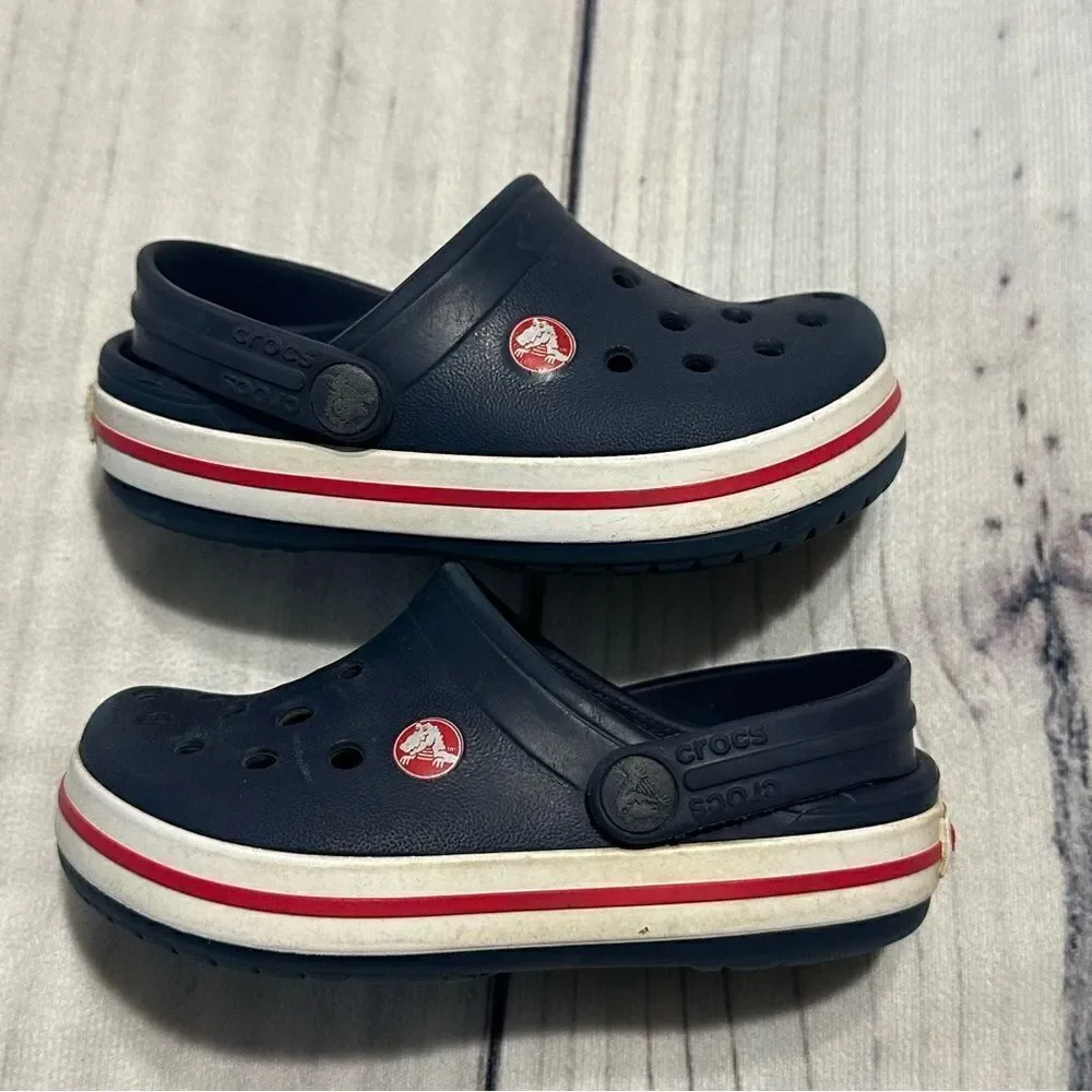 Crocs Crocband‎ Navy Blue Red Stripe Kid Toddler Sz 6/7 Preschool Water Sandals